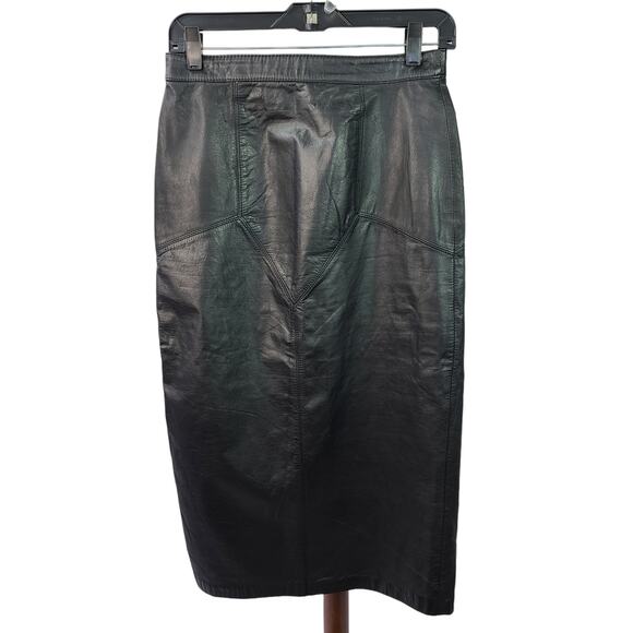 G 111 Black Leather Lined Vintage Skirt Unique Snap Slit Midi Maxi SM MD - Picture 1 of 4